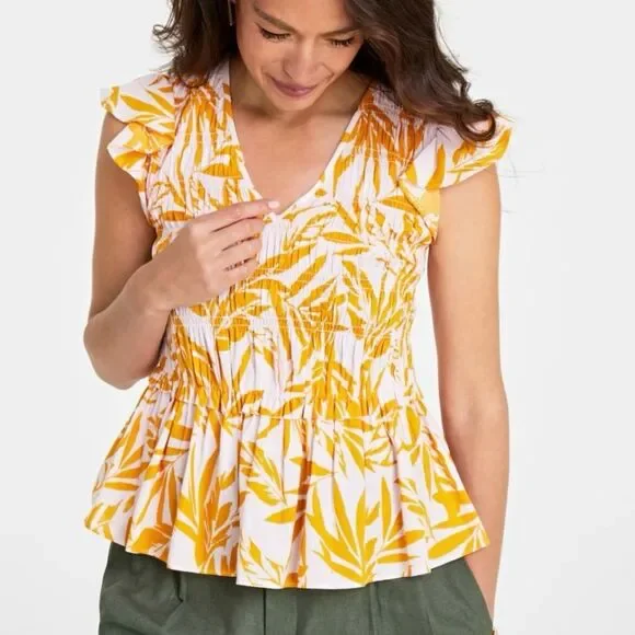 On 34th Cap Sleeve Tropical Peplum Top Pink Yellow Size Large for Macy's - Picture 1 of 9